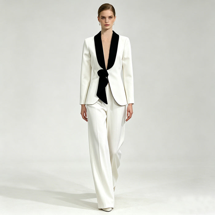 Contrast Lapel Blazer & Wide-Leg Pants Set - Luxe