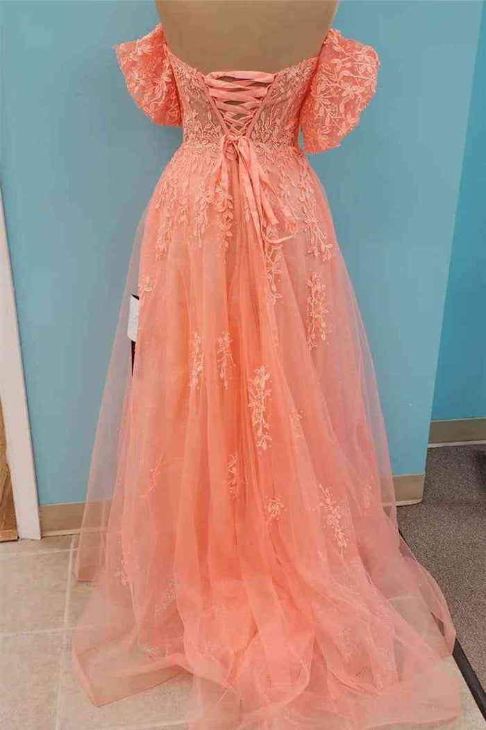 Coral Off Shoulder V Neck A Line Tulle Applique Lace-Up Back Long Prom Dress