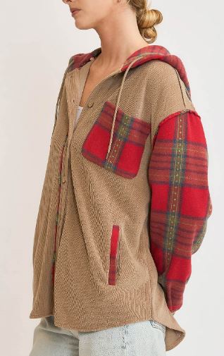Corduroy Shacket with Plaid Details