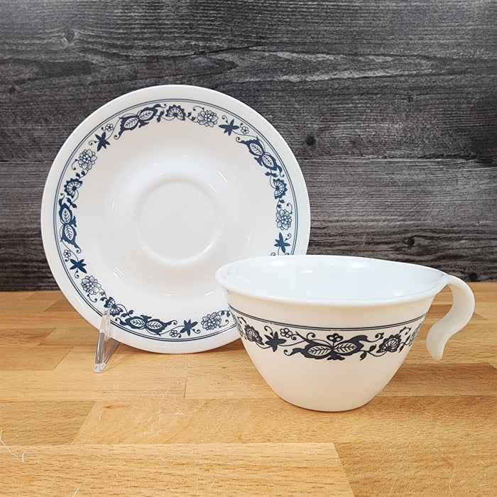 Corelle Corning Old Town Blue Set of 3 Flat Cup & Saucer with Hook Handle Mugs