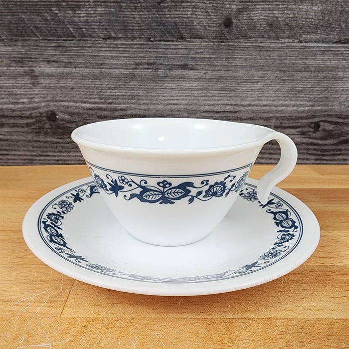 Corelle Corning Old Town Blue Set of 3 Flat Cup & Saucer with Hook Handle Mugs