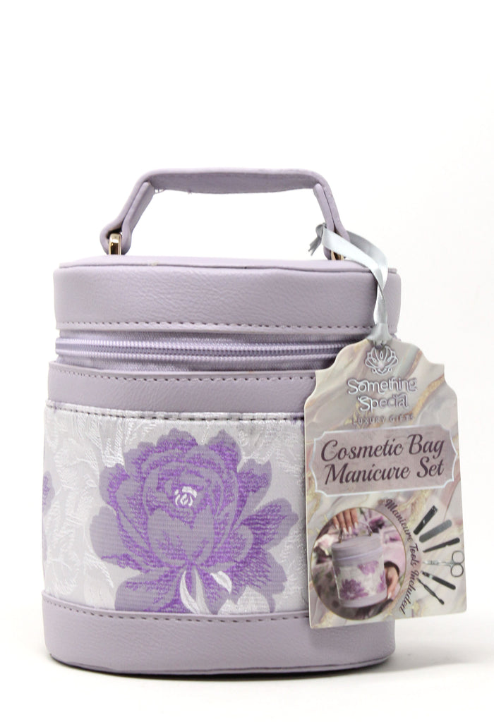 Cosmetic bag with floral design and tag on a white background