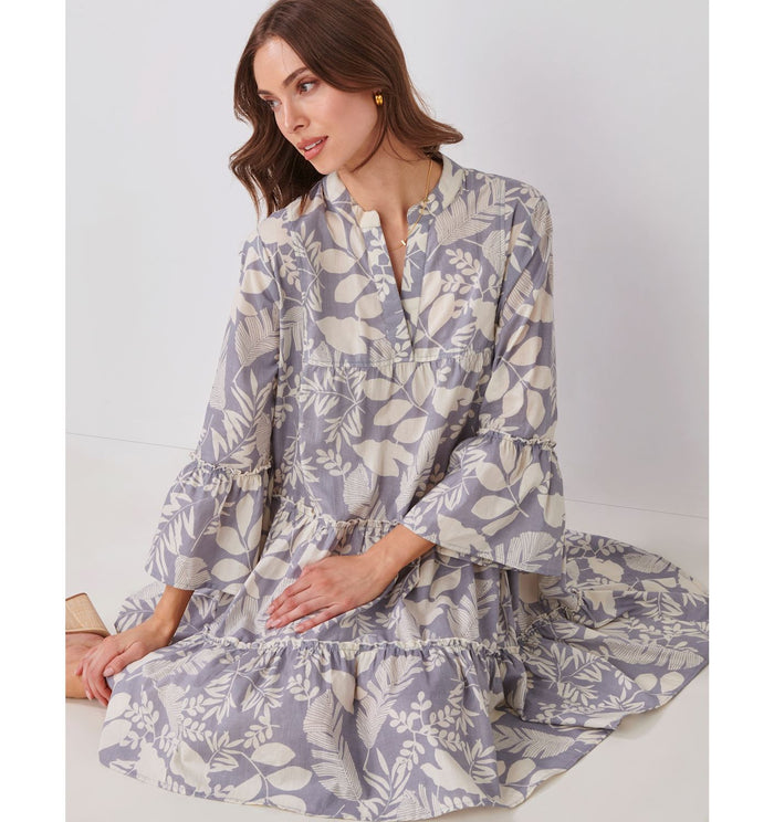 Cotton Split Crew Neck Print Dress