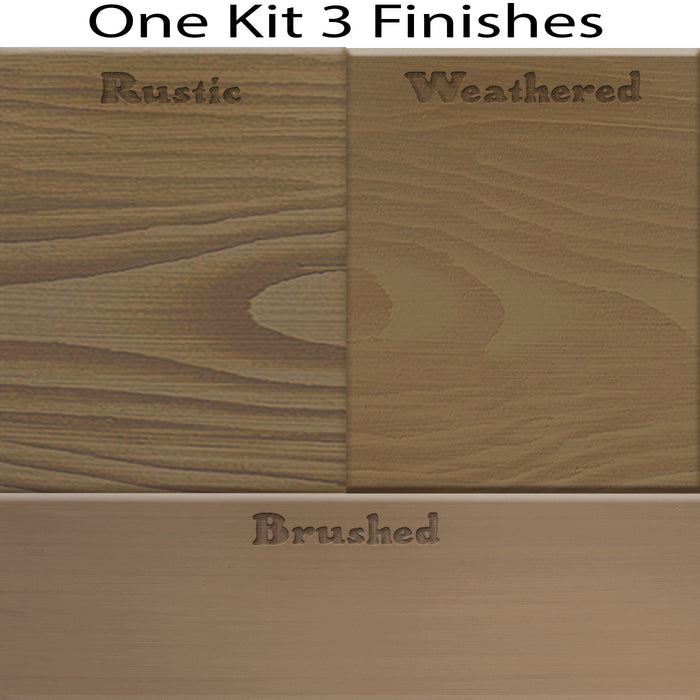 Swatch of Retique It kitchen island countertop kit in barn wood finish, showing three stain color options for kitchen island surfaces.