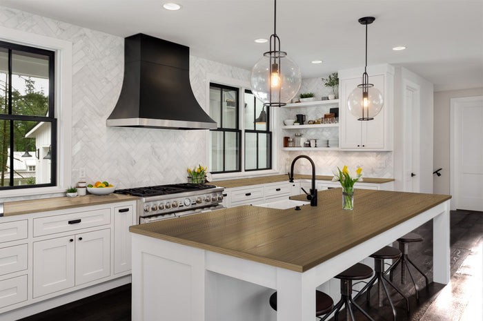 Retique It rustic barn wood stained kitchen countertop kit with a natural wood finish on a kitchen island.