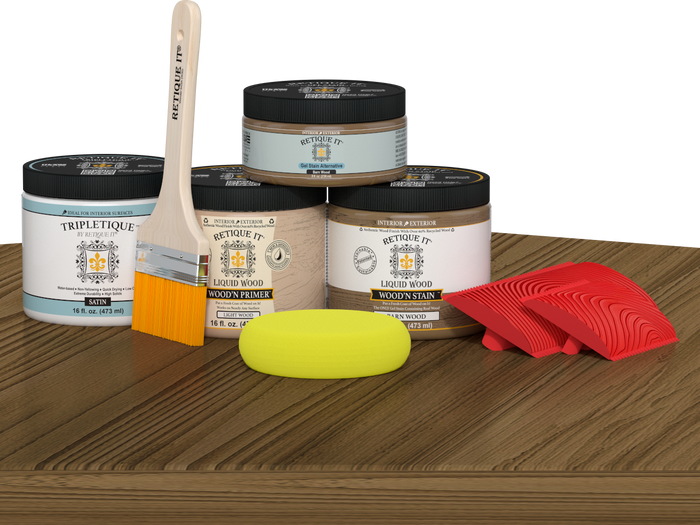 Retique It barn wood stain countertop kit on kitchen island showcasing a rustic barn wood finish.