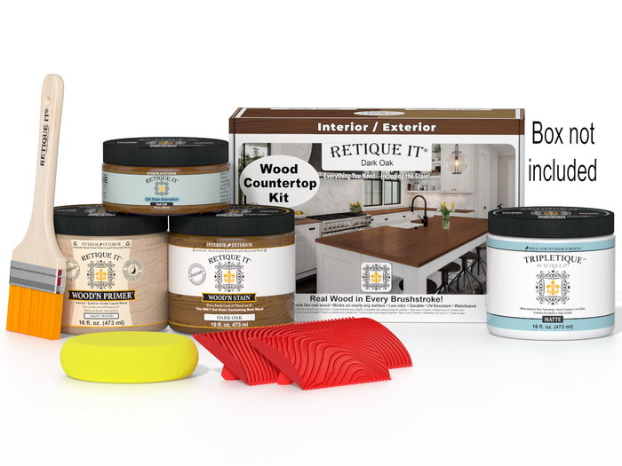 Dark oak stained countertop kit for kitchen island by Retique It, featuring a sturdy surface with a rich, natural wood finish.