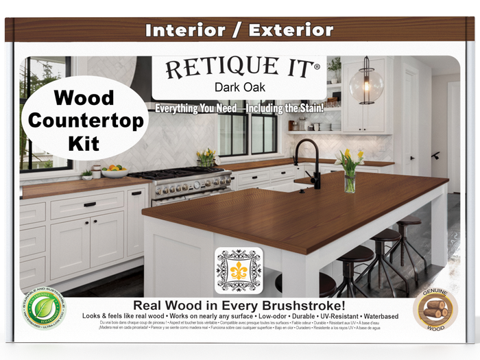 Dark oak kitchen island countertop kit by Retique It featuring stain options, shown with a polished dark oak surface.