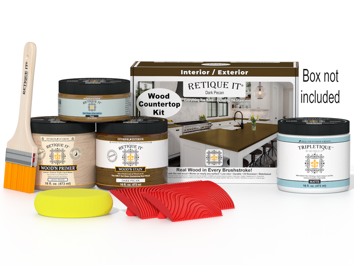Dark Pecan stain kit for kitchen island countertops by Retique It, showcasing a natural wood finish with stain bottles and application tools.