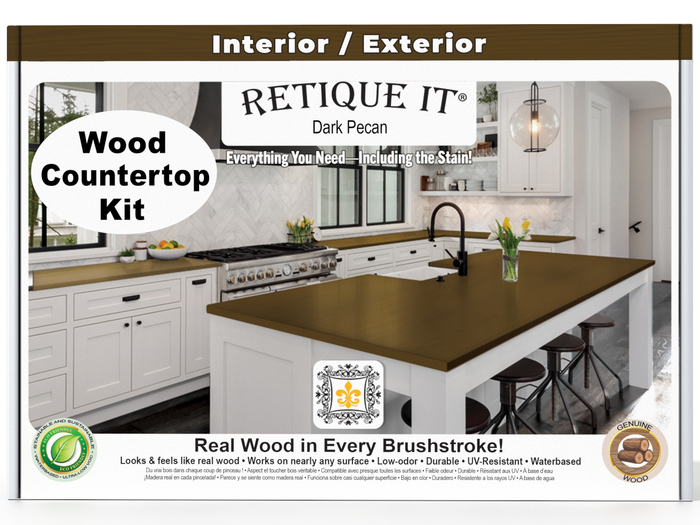 Dark Pecan stain kit for kitchen island countertops by Retique It showing stain swatches and application tools.
