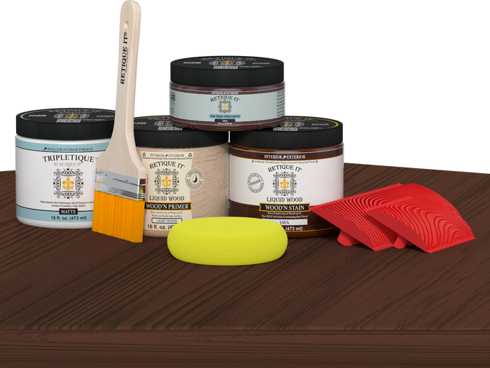Retique It Java countertop stain kit applied on a kitchen island with a natural wood finish.