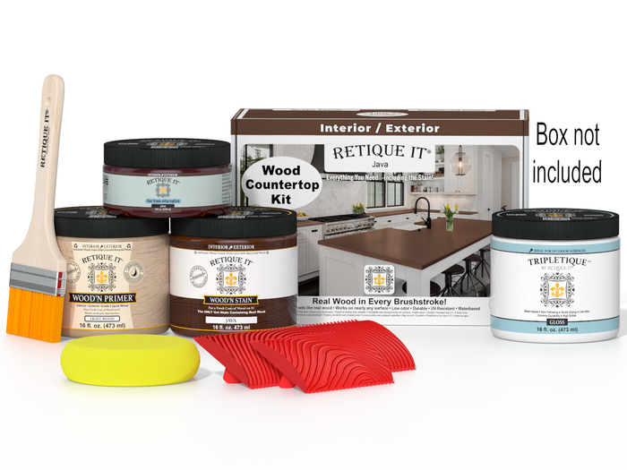 Retique It Java countertop kit for kitchen island, featuring stain applicator and sample swatches on a box.