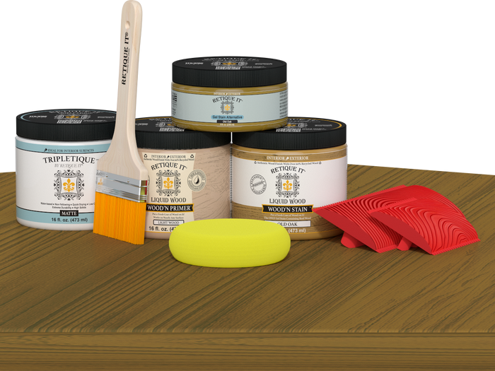 Retique It Old Oak countertop kit with stain applied on a kitchen island, showcasing natural wood grain and finish.