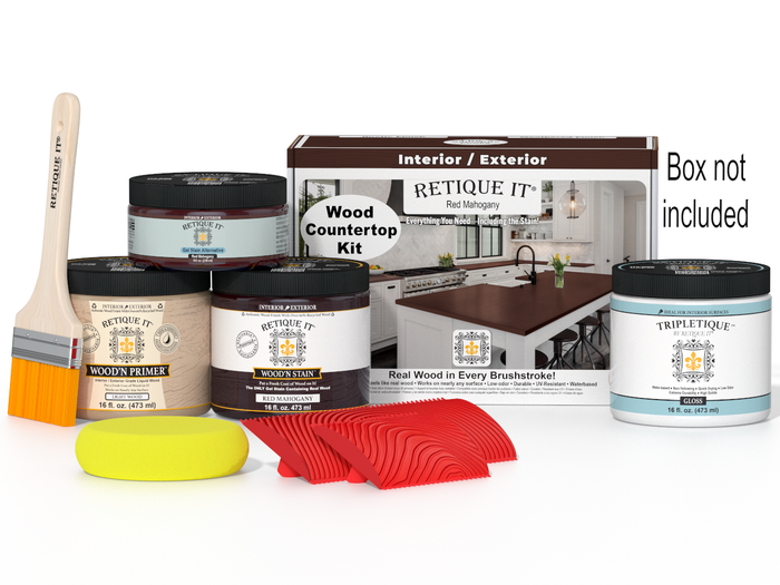 Retique It red mahogany stain kit for kitchen island countertops, includes stain bottles and application tools.