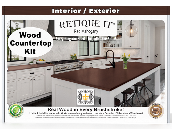 Red mahogany stained kitchen island countertop kit by Retique It with a smooth, polished surface and modern design.