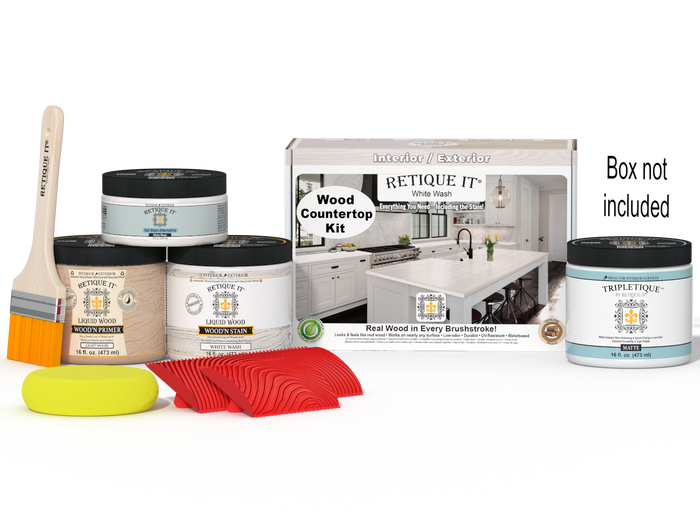 Retique It White Wash countertop kit for kitchen islands, showing stained wood surface with a white wash finish.