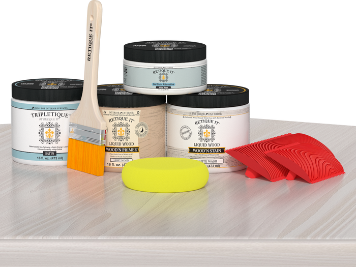 Retique It white wash countertop kit for kitchen island with stain finish, showing a smooth, finished surface on a wooden kitchen island.