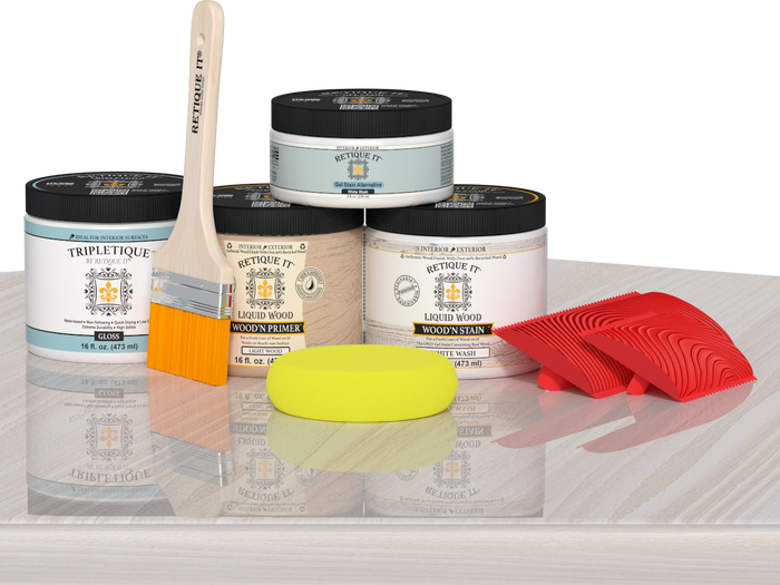 Retique It white wash countertop kit for kitchen island, featuring stain application on a wooden surface.
