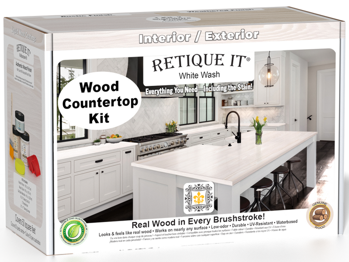 Retique It white wash countertop kit for kitchen island with stain finish, showcasing the textured, natural wood grain appearance.