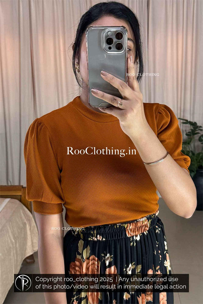 Crew Neck Puff Sleeves Top in Burnt Orange Shade