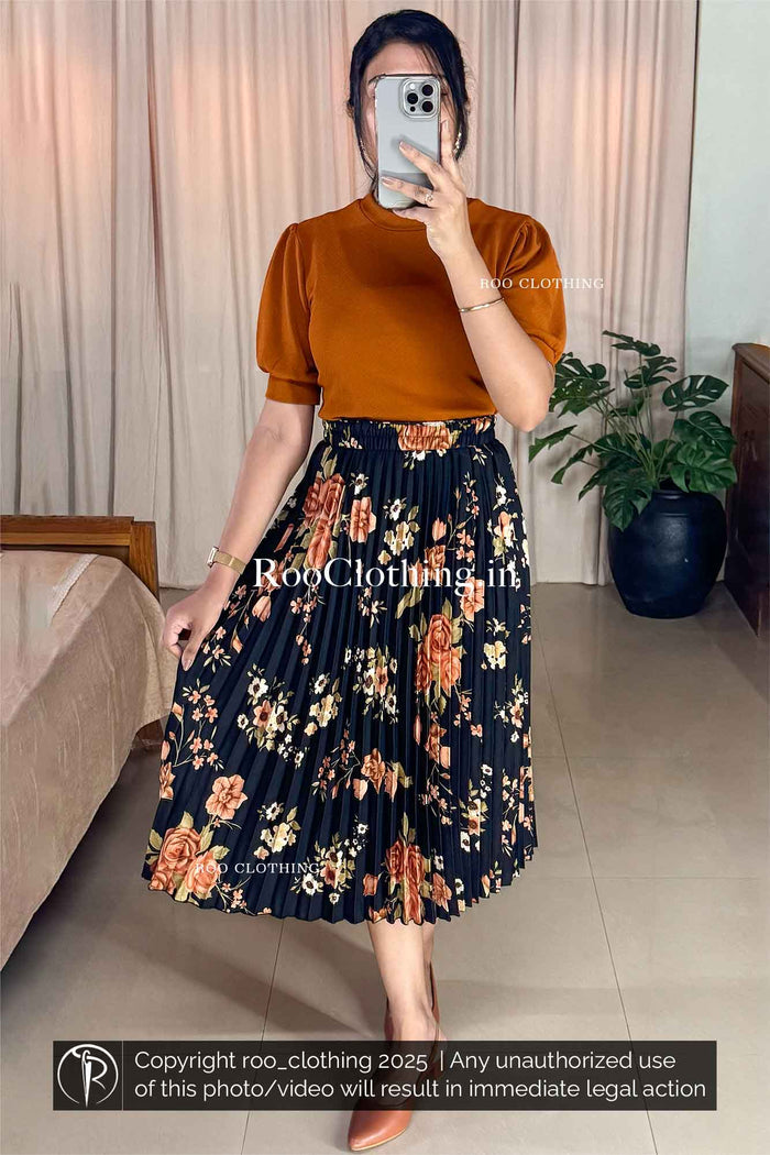 Crew Neck Puff Sleeves Top in Burnt Orange Shade
