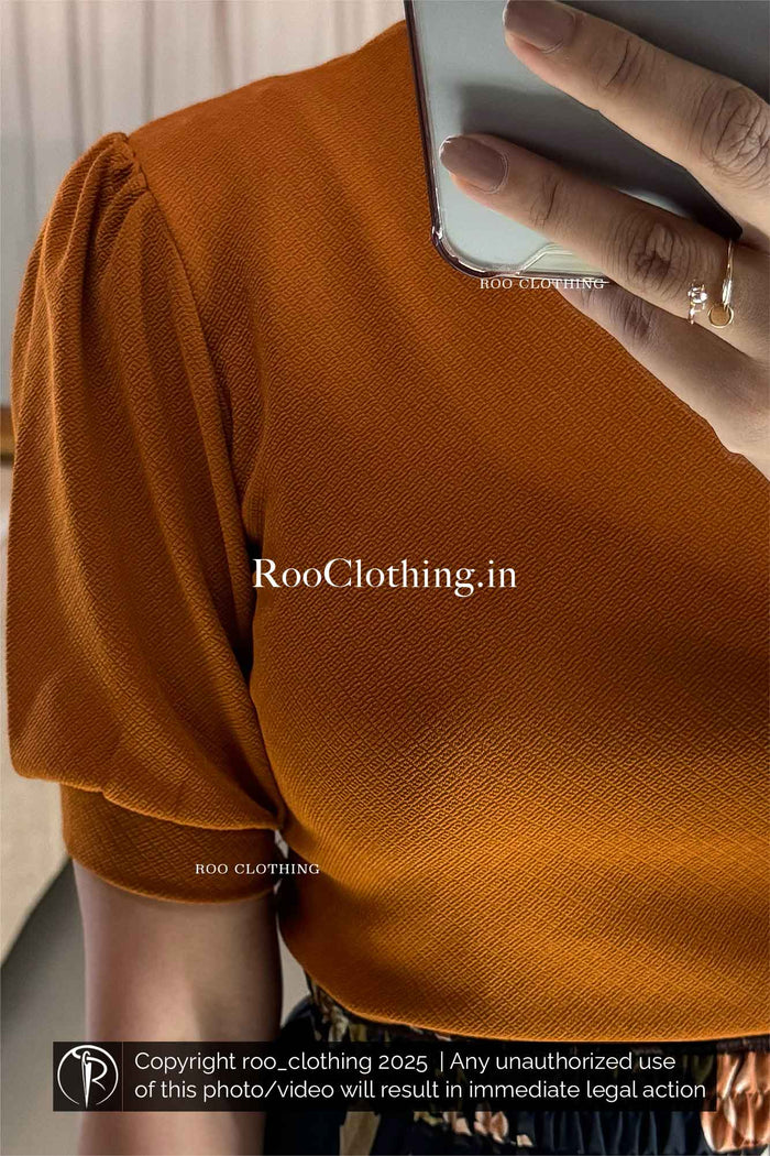 Crew Neck Puff Sleeves Top in Burnt Orange Shade