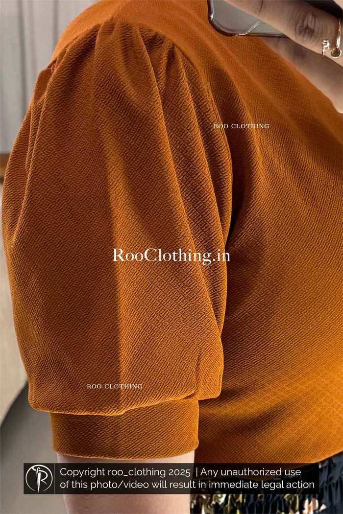Crew Neck Puff Sleeves Top in Burnt Orange Shade