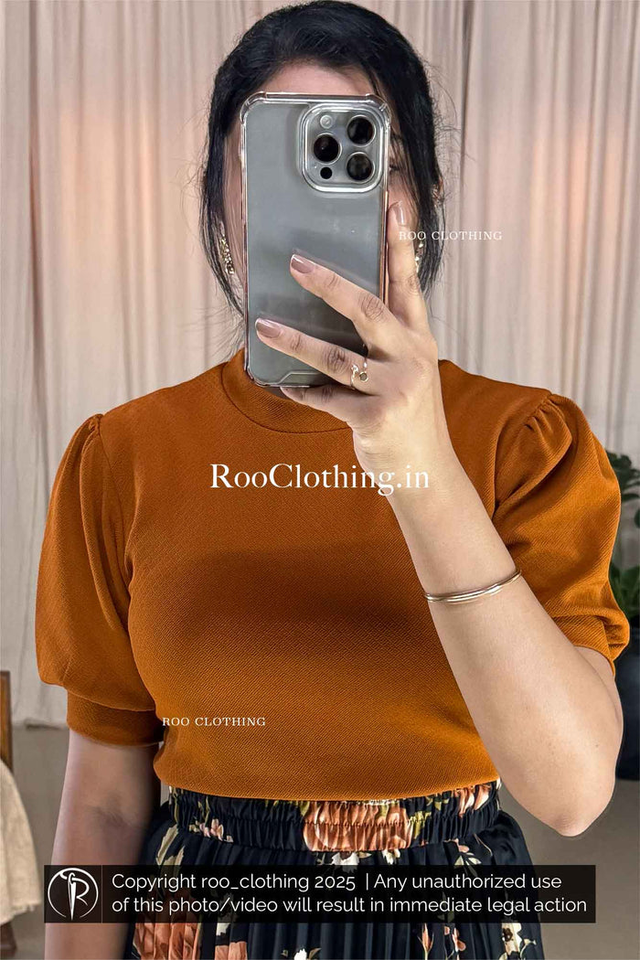 Crew Neck Puff Sleeves Top in Burnt Orange Shade