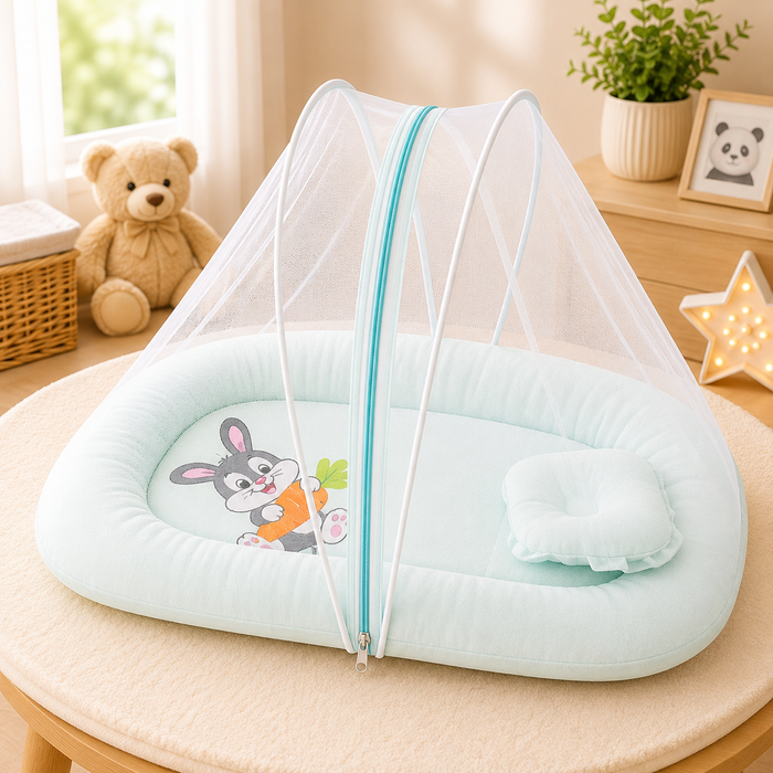 Crinkle Muslin Baby Mosquito Net Bed with Pillow