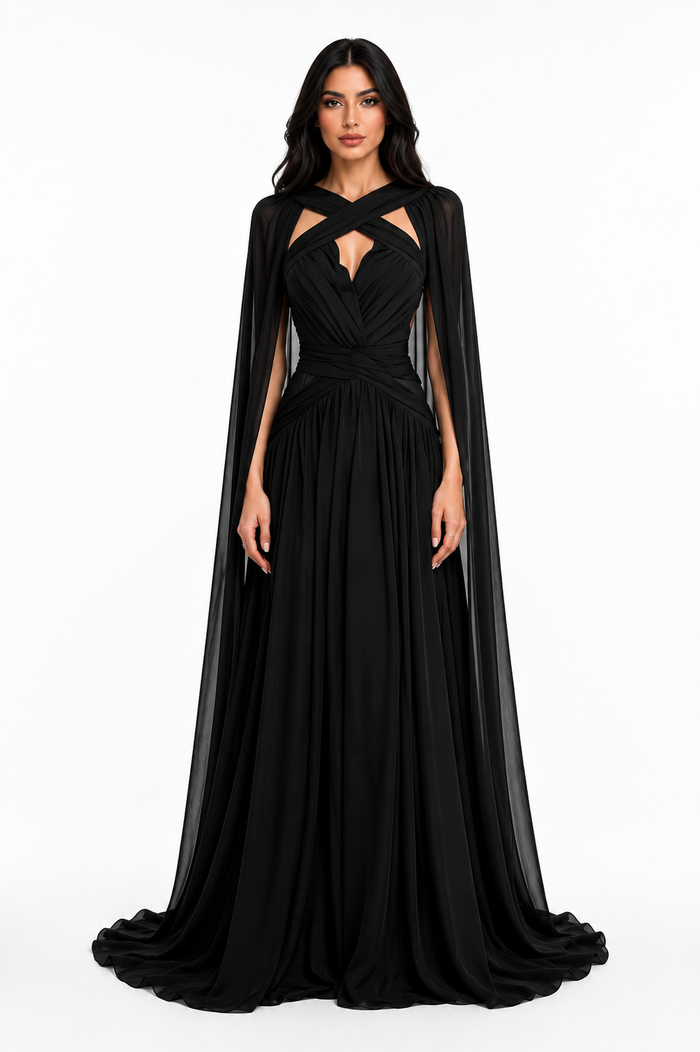 Crystal Cape Evening Gown - Noir