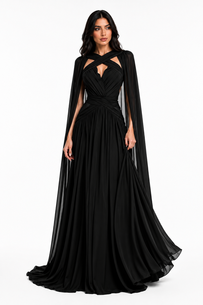 Crystal Cape Evening Gown - Noir