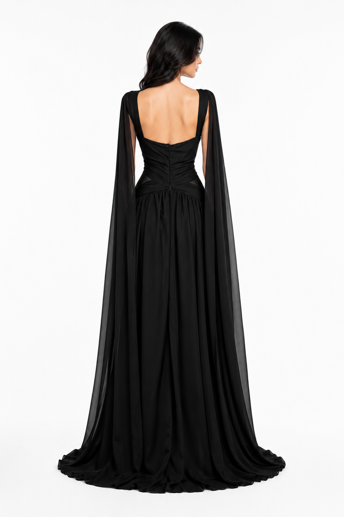 Crystal Cape Evening Gown - Noir