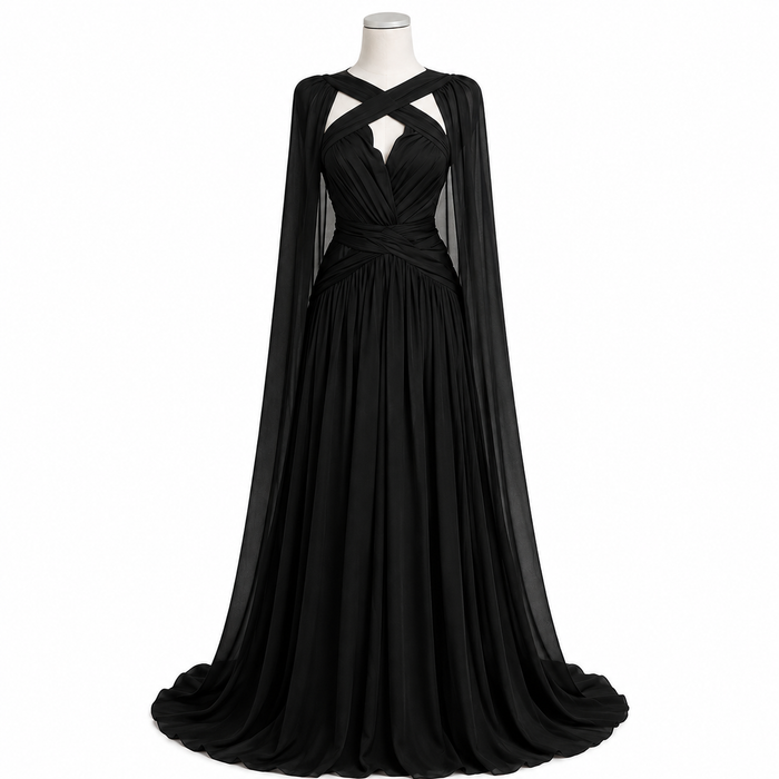 Crystal Cape Evening Gown - Noir