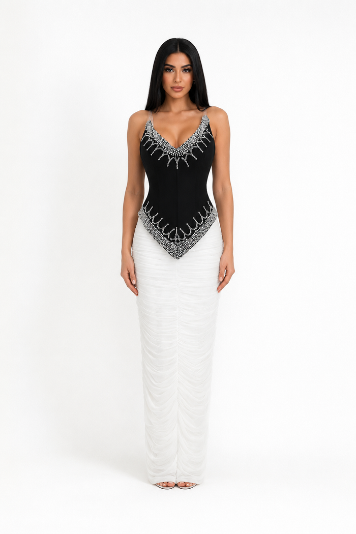 Crystal Contrast Ruched Midi Dress - Luna