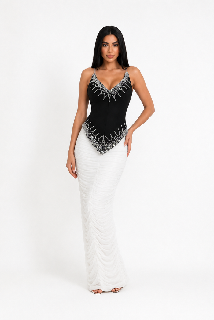 Crystal Contrast Ruched Midi Dress - Luna