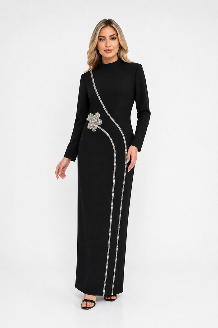 Crystal Floral Trim Maxi Dress - Ivory