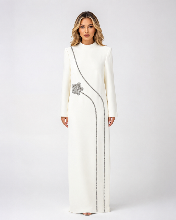 Crystal Floral Trim Maxi Dress - Ivory