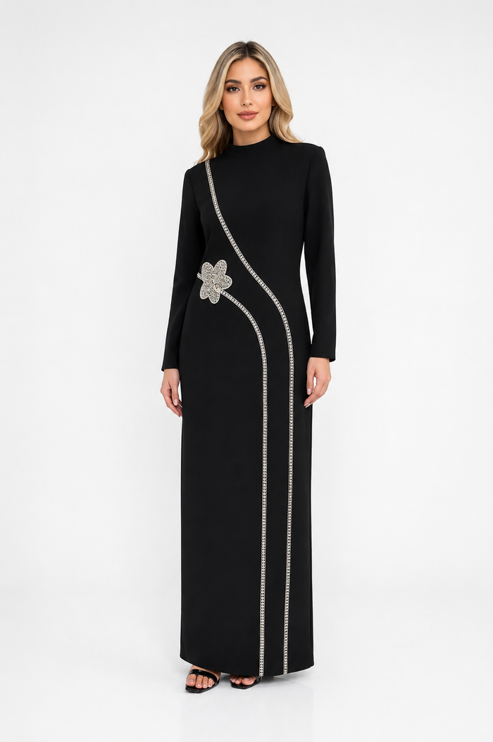 Crystal Floral Trim Maxi Dress - Ivory