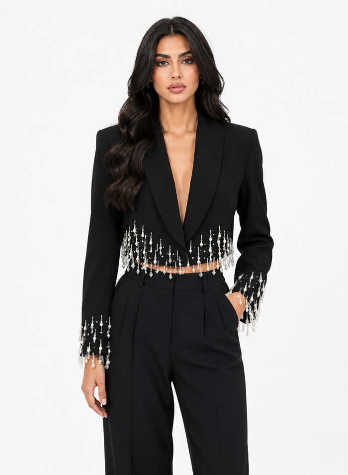 Crystal Fringe Cropped Blazer - Celeste