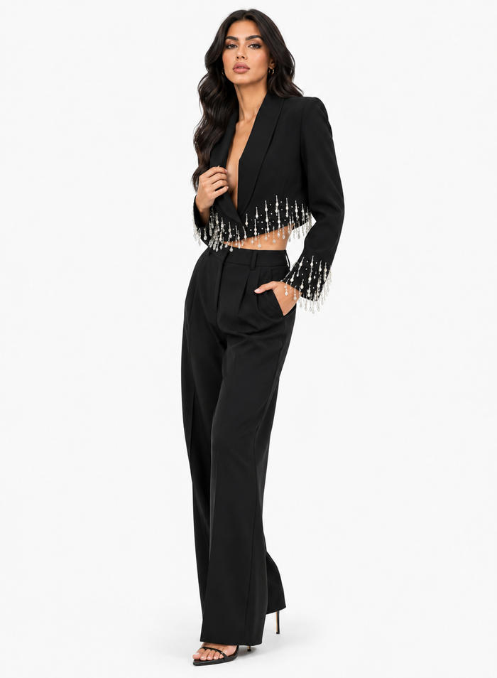 Crystal Fringe Cropped Blazer - Celeste