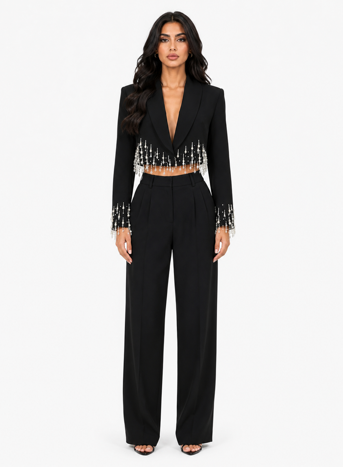 Crystal Fringe Cropped Blazer - Celeste