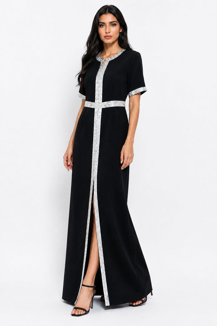 Crystal Trim Column Maxi Dress - Noire