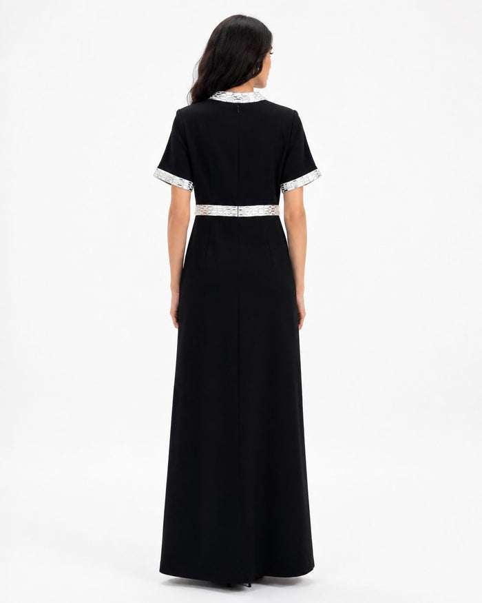 Crystal Trim Column Maxi Dress - Noire