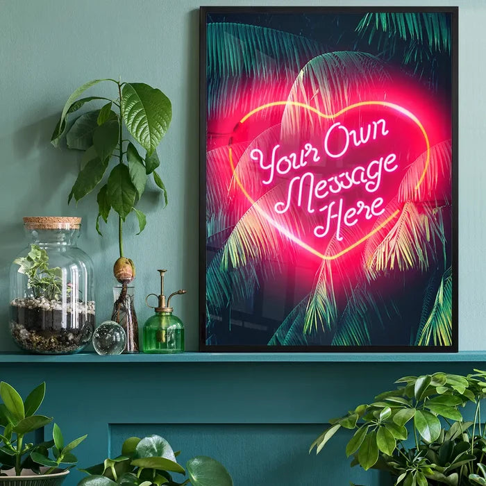 Custom Neon Love Heart Palm Trees, personalised print black framed on a living room shelf