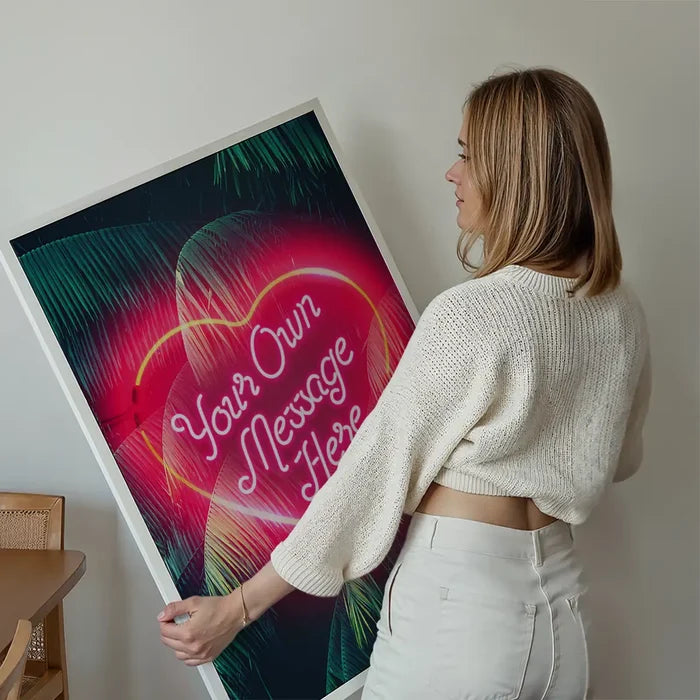 Custom Neon Love Heart Palm Trees print held up against a living room wall
