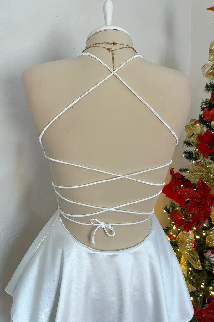 Cute Backless White Satin Short Prom Dresses, White Open Back Formal Evening Homecoming Dresses