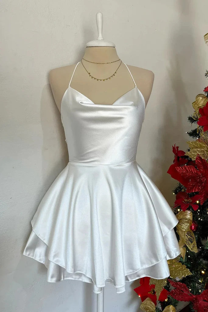 Cute Backless White Satin Short Prom Dresses, White Open Back Formal Evening Homecoming Dresses