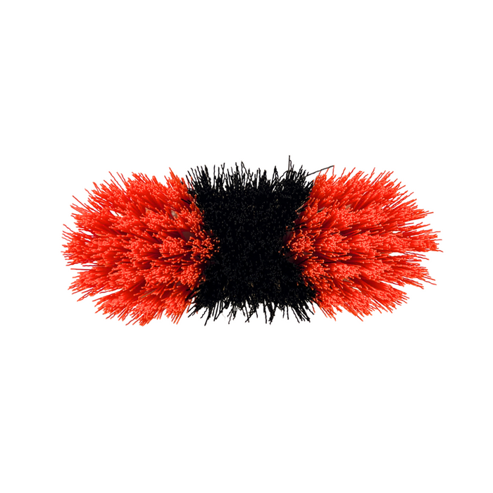 Bottom of orange and blue bristle horse brush