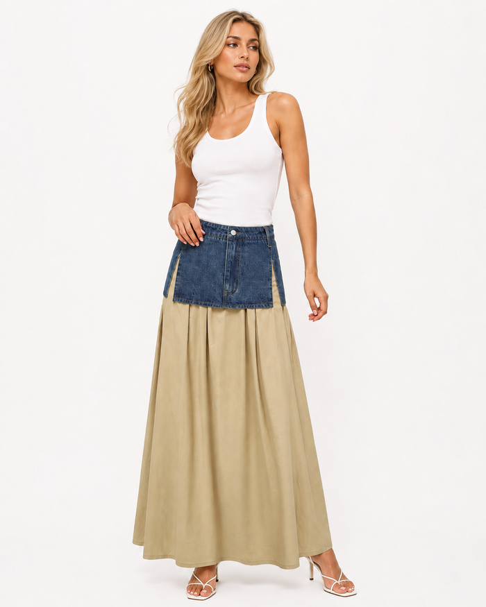 Denim Panel Maxi Skirt - Sand