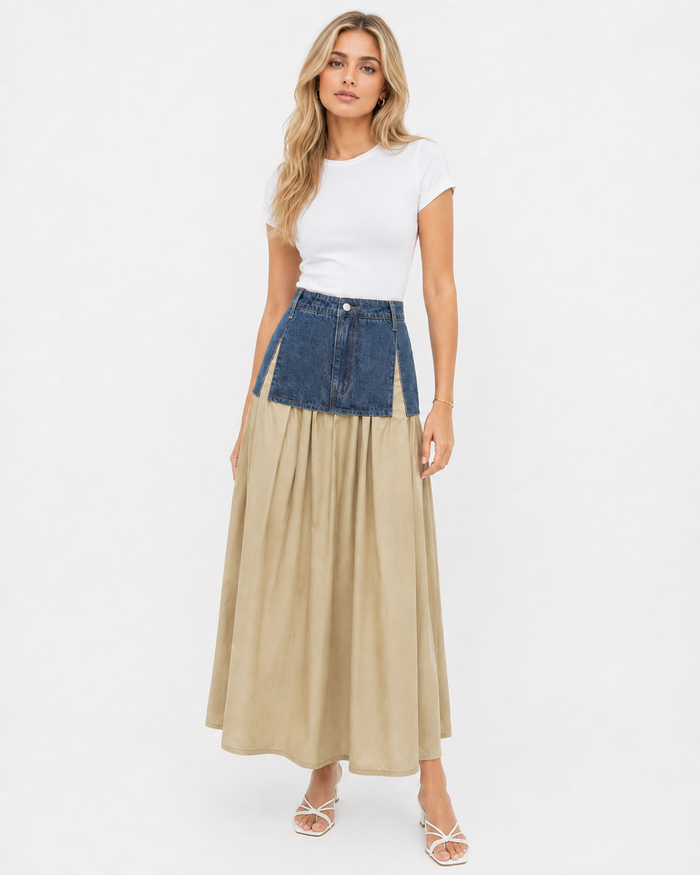 Denim Panel Maxi Skirt - Sand